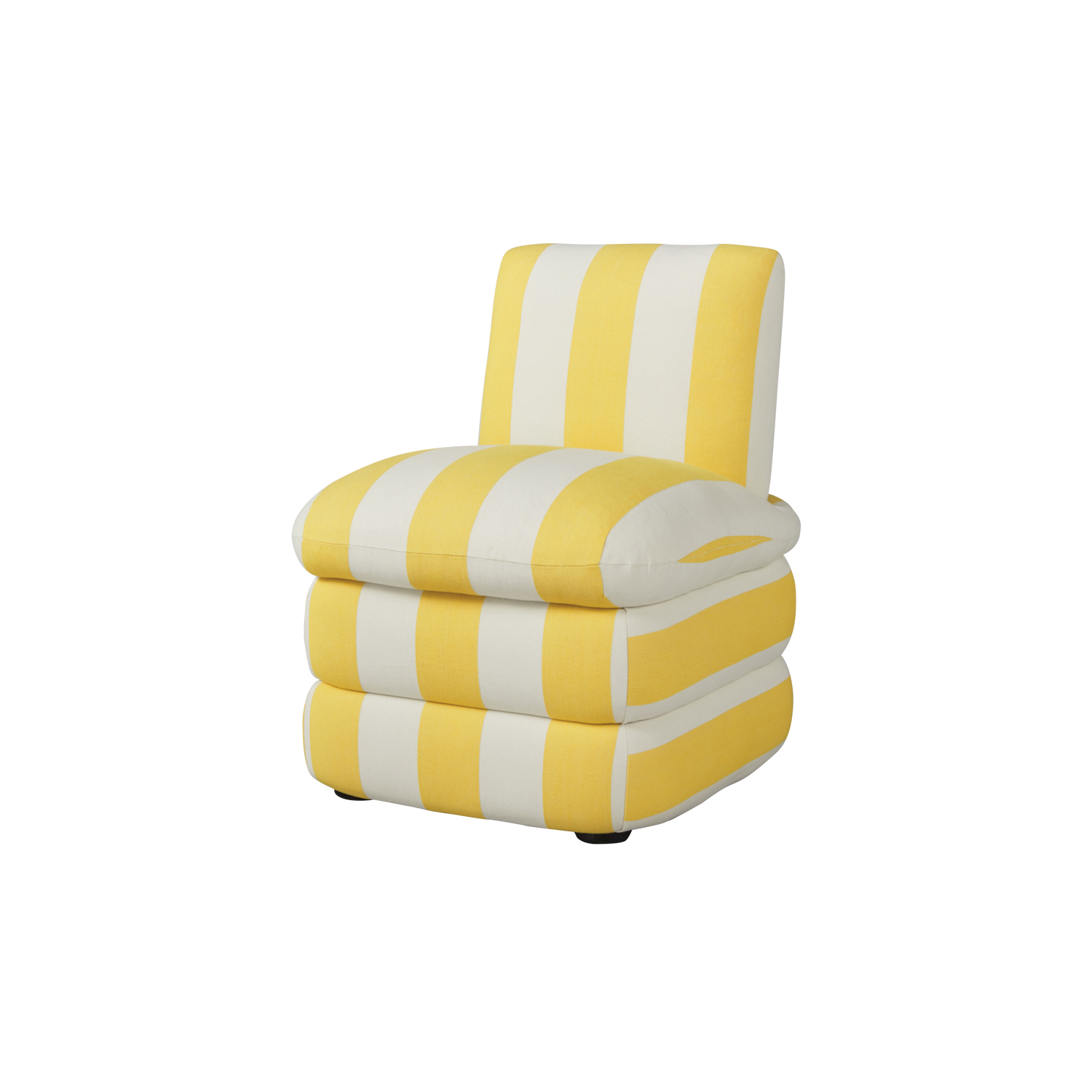yellow striped chair with many pillows