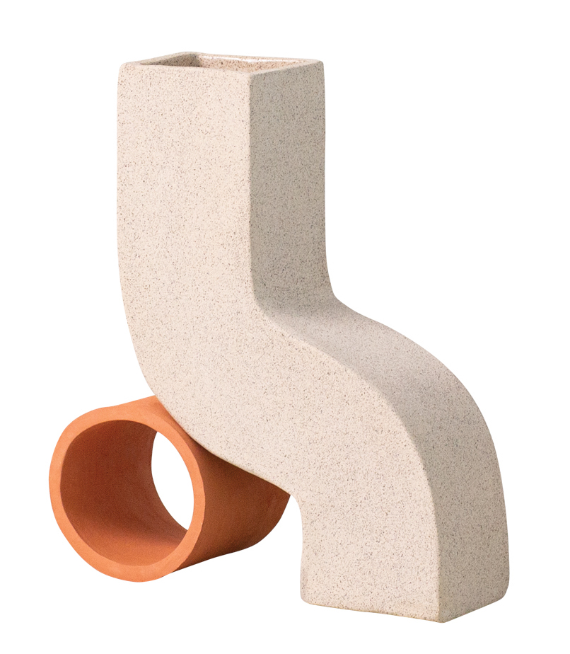 curved white vase with orange base