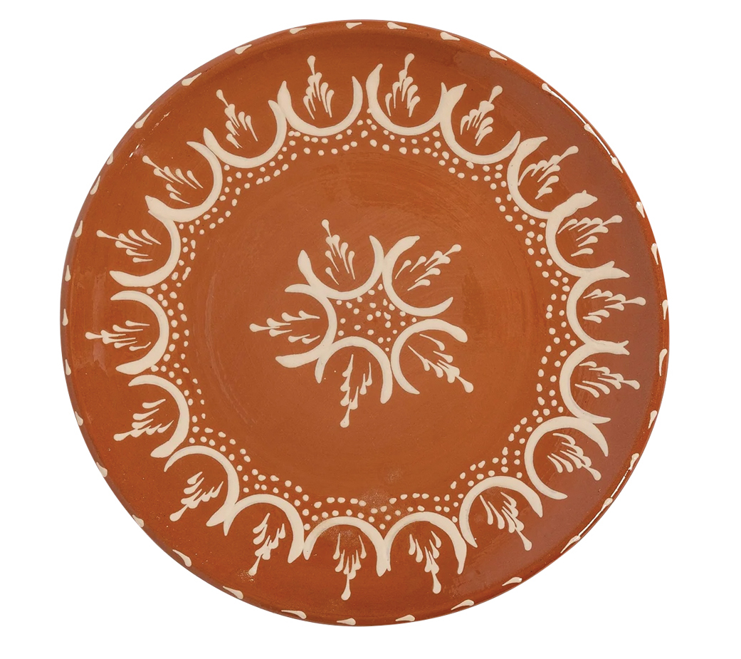 red plate with white pattern