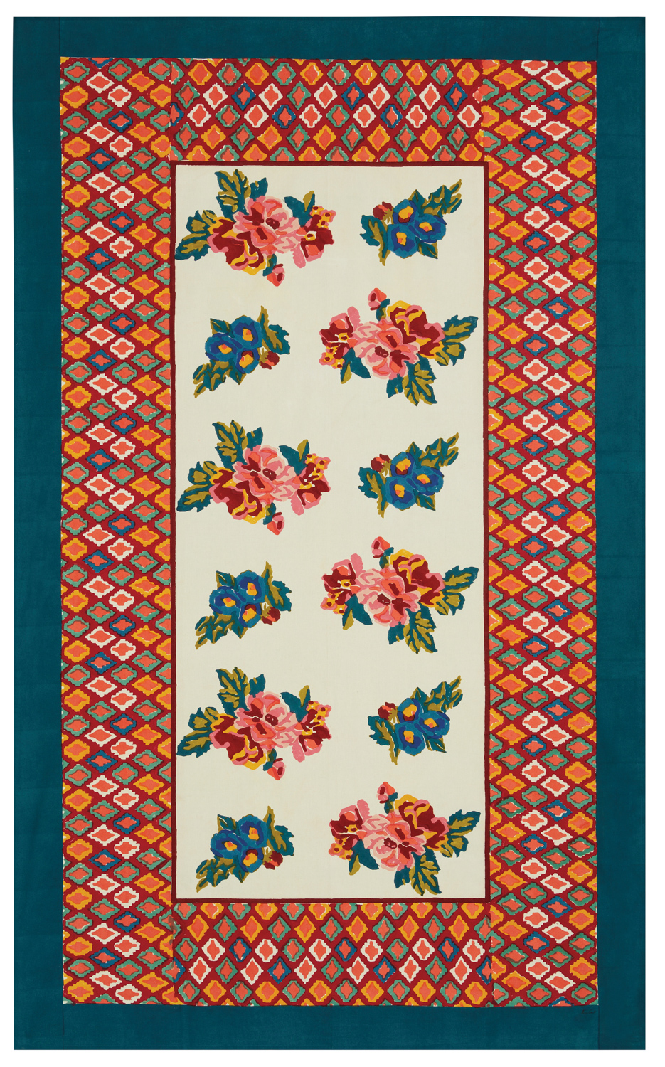 orange and green patterned rug with flower details in the middle