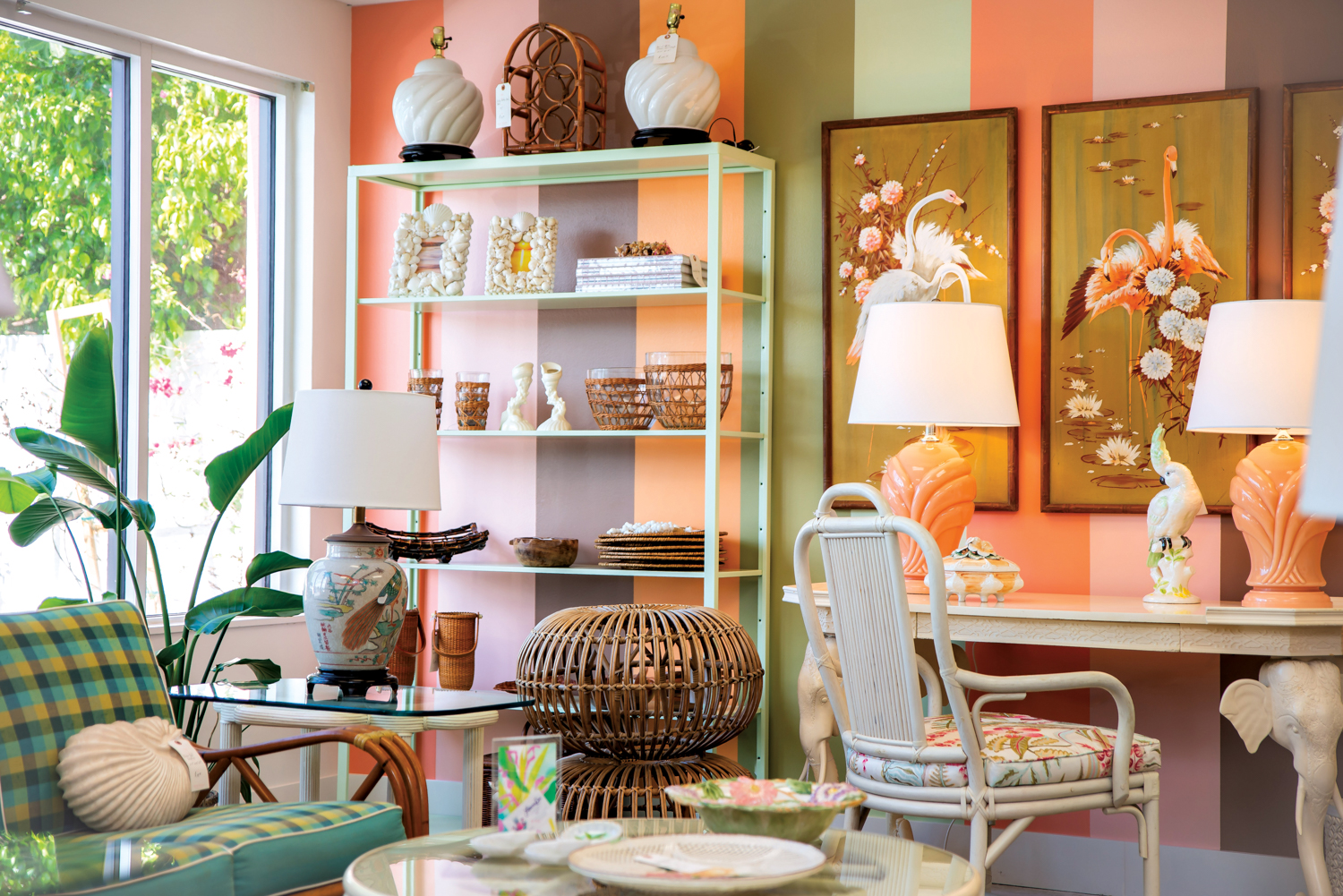 Vibrant Palm Beach showroom vignette with a lively mix of colors, patterns, and coastal-inspired decor