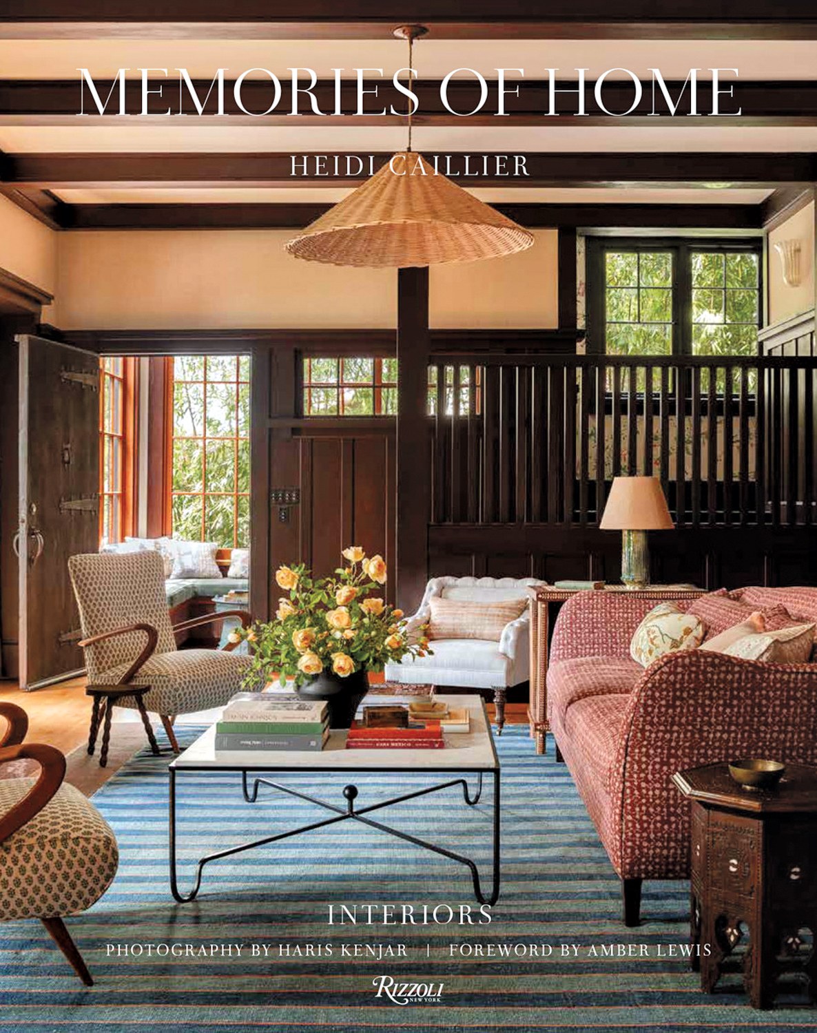 Cover of "Memories of Home" by designer Heidi Caillier featuring living room with mixed patterns