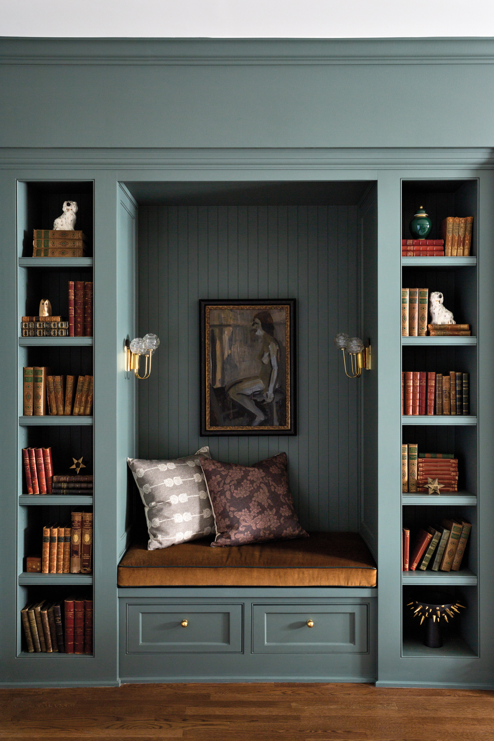 sage green painted reading nook...