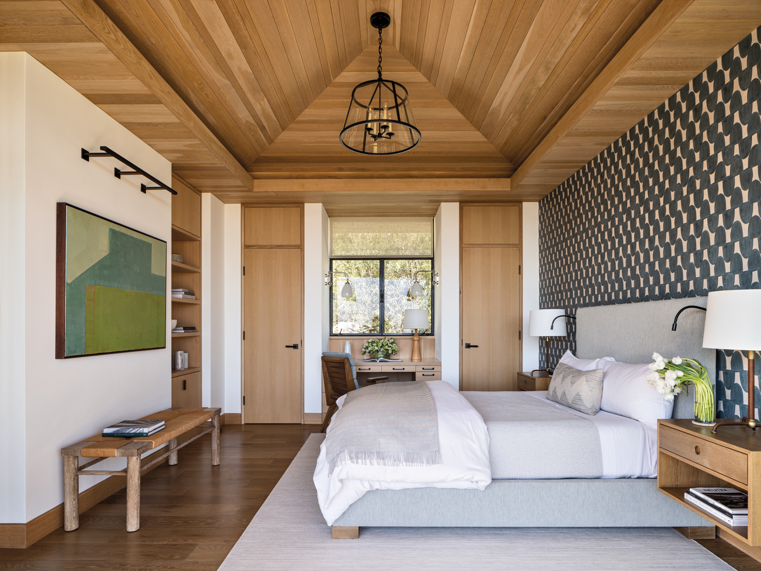 bedroom with wood slat ceilings,...