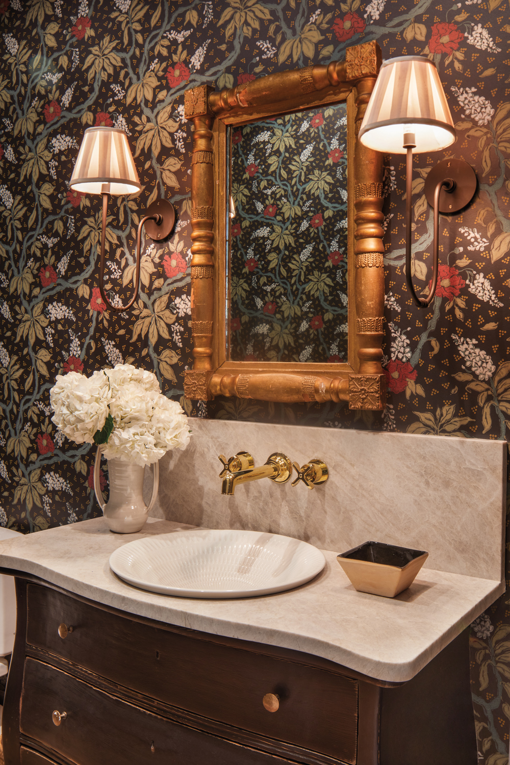 powder room with floral wallcovering,...