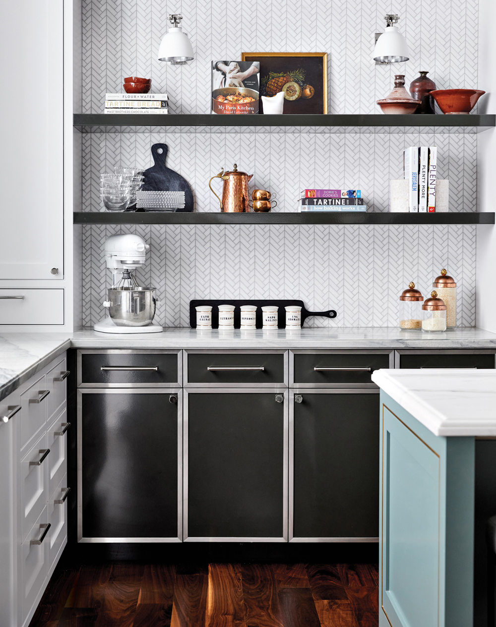white kitchen with dark green metal cabinets by Studio Heimat