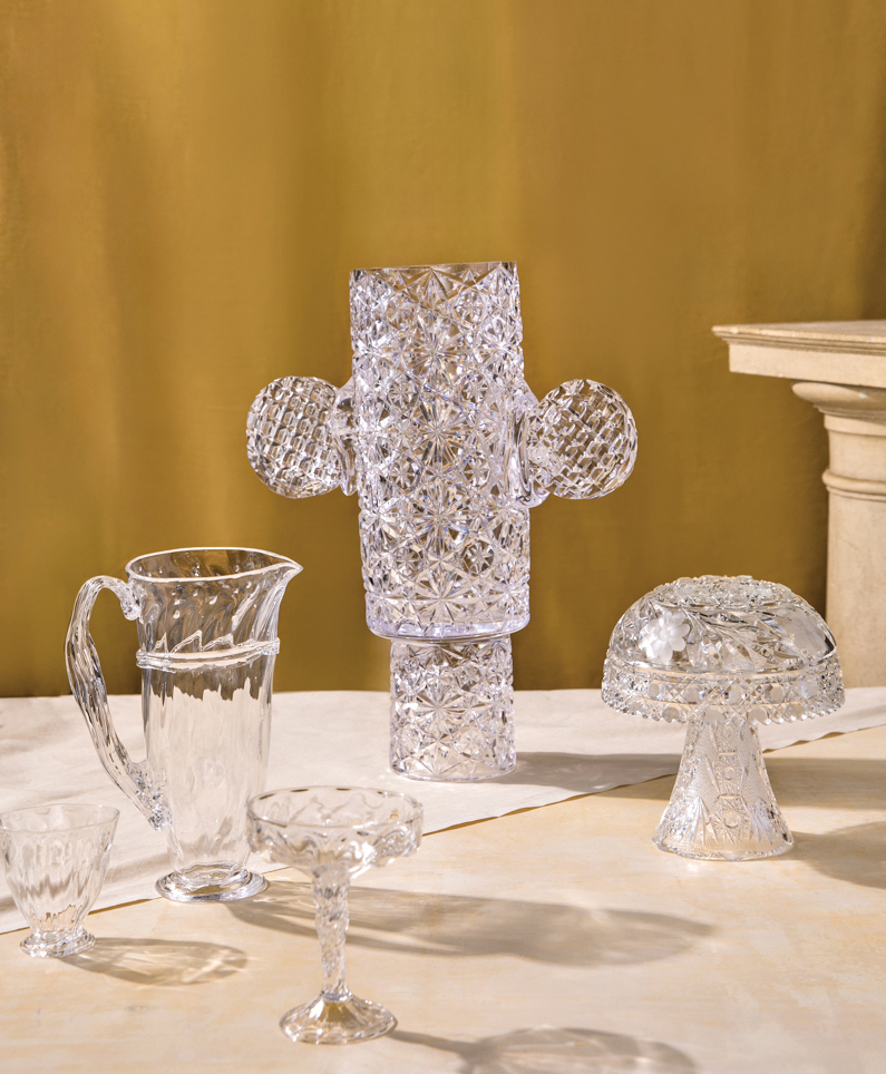 crystal glassware spread out on table