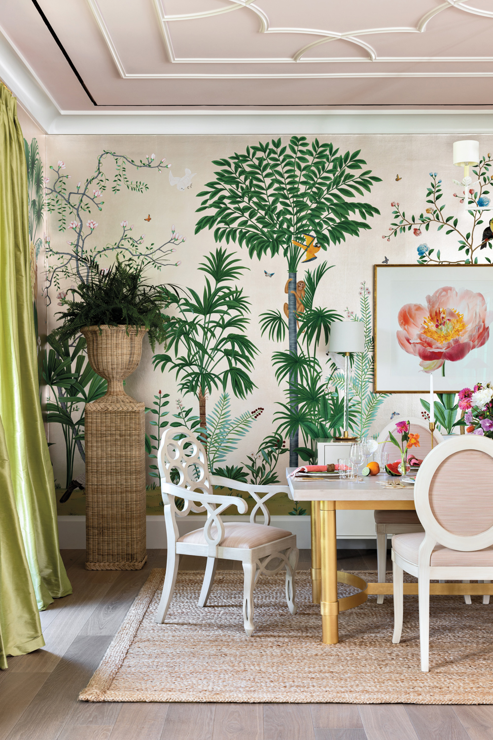 dining area with tropical wallcovering,...