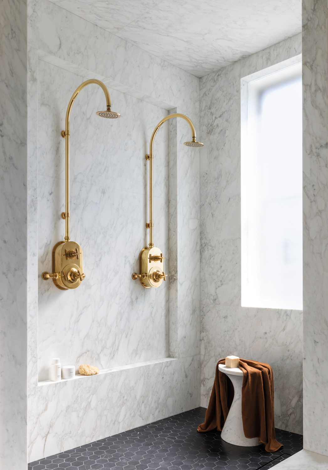 Marble double shower with brass...