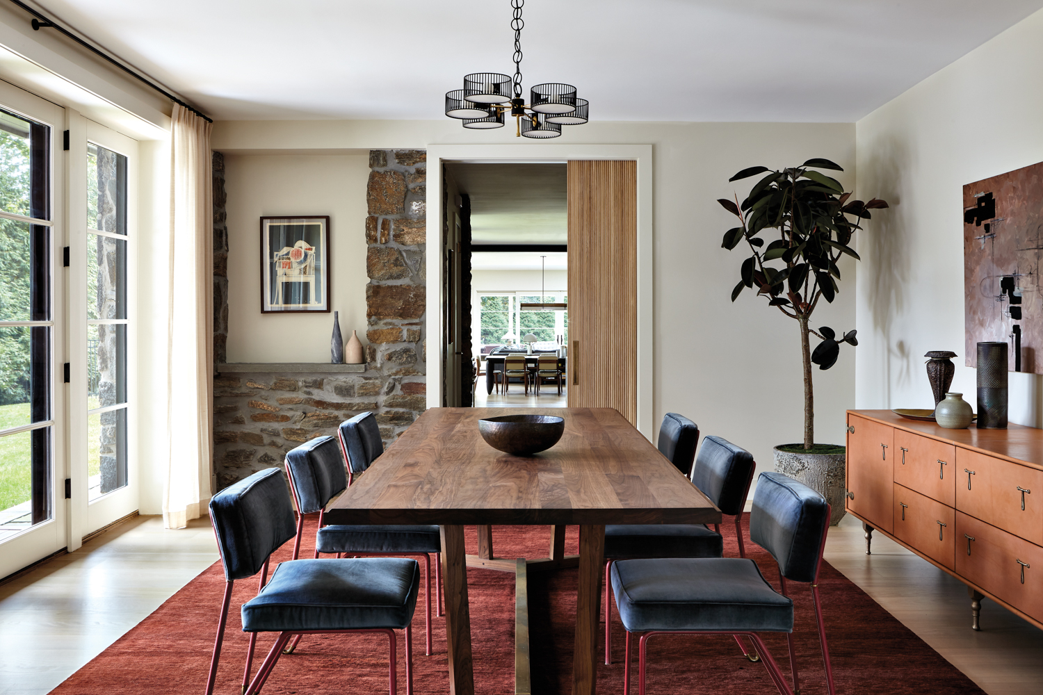 dining room with exposed masonry