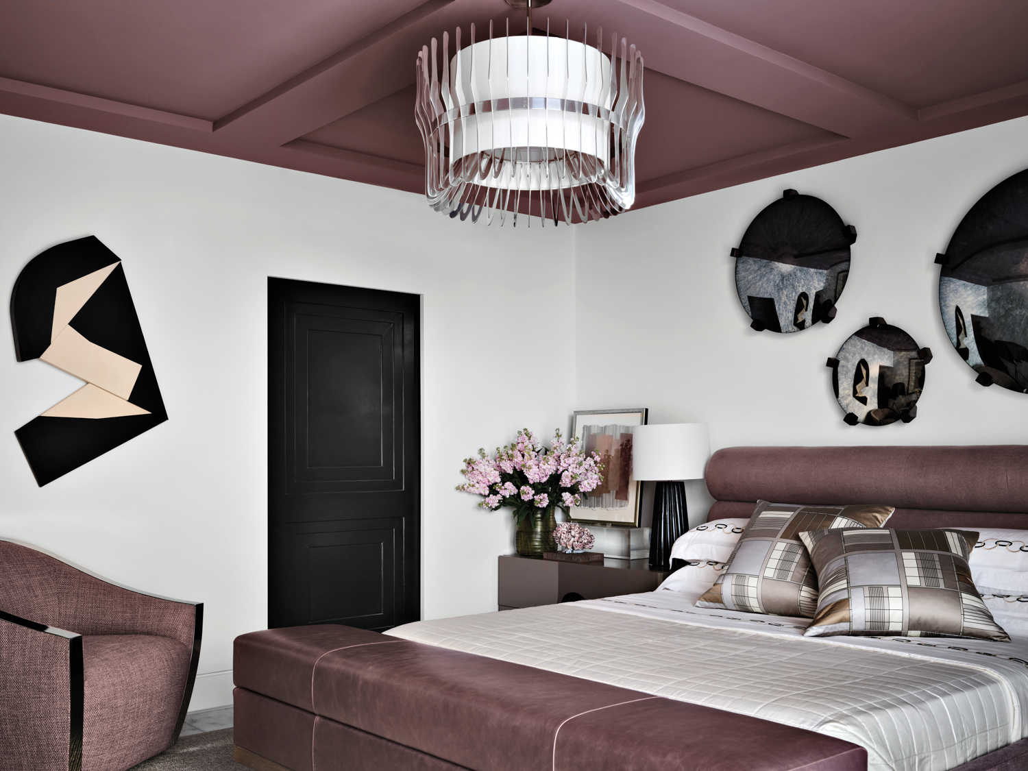 guest bedroom with mauve ceiling...