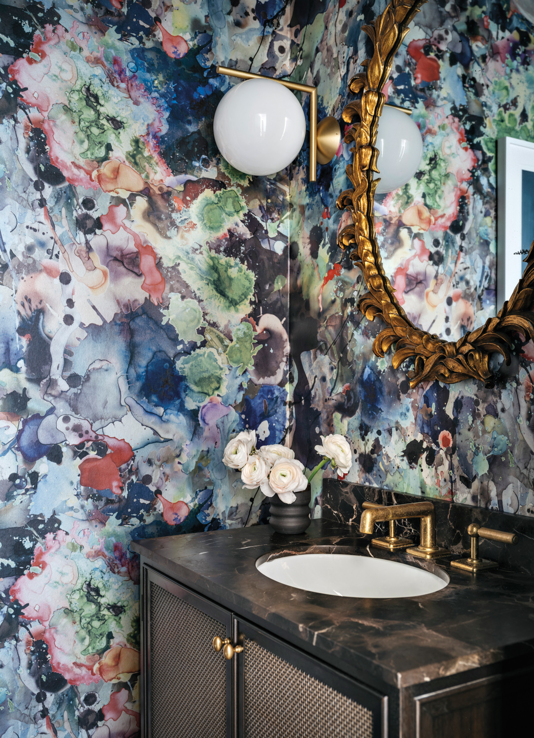 A colorful wallcovering and a...