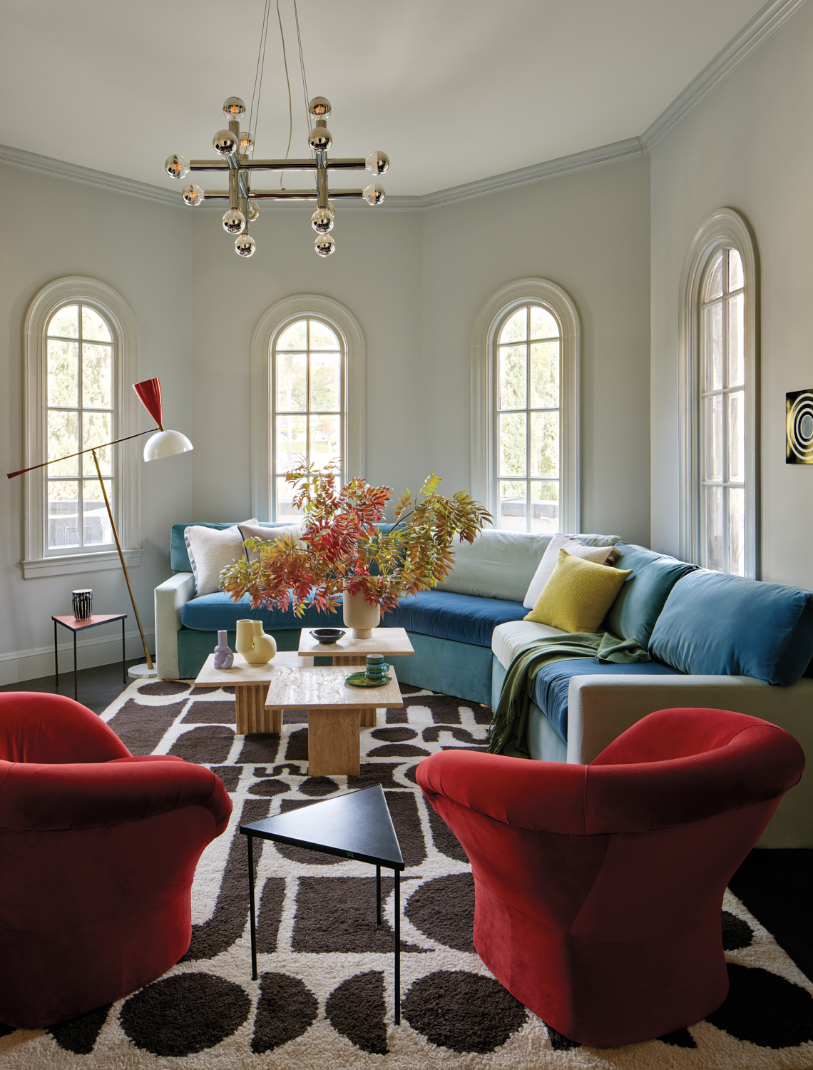 A multi-colored sectional is the...