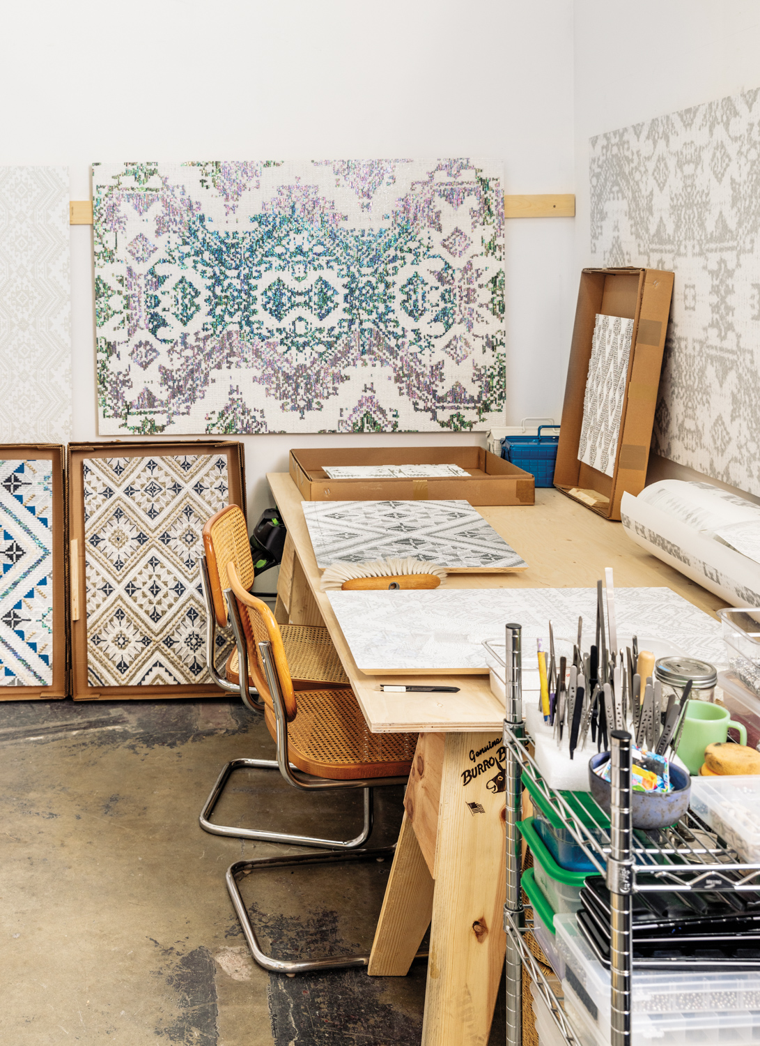 A work table in the artist's studio.