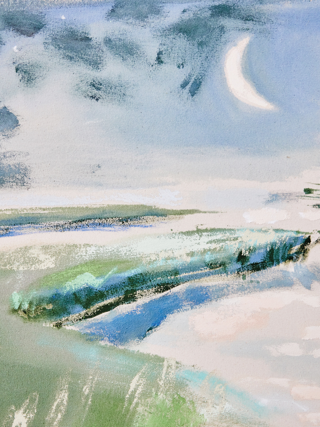 Soft landscape painting with crescent moon featuring shades of blue, green and white