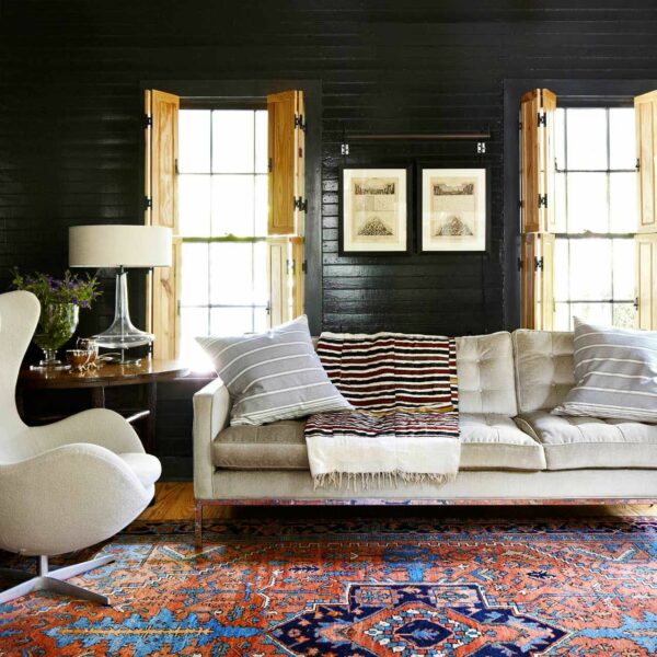 interior architectural features, contemporary modern interior design, texas architecture, moody paint, bright rug