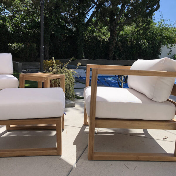 Teak Outdoor Patio Furniture with white cushions on outdoor patio by Willow Creek Designs in Los Angeles, California