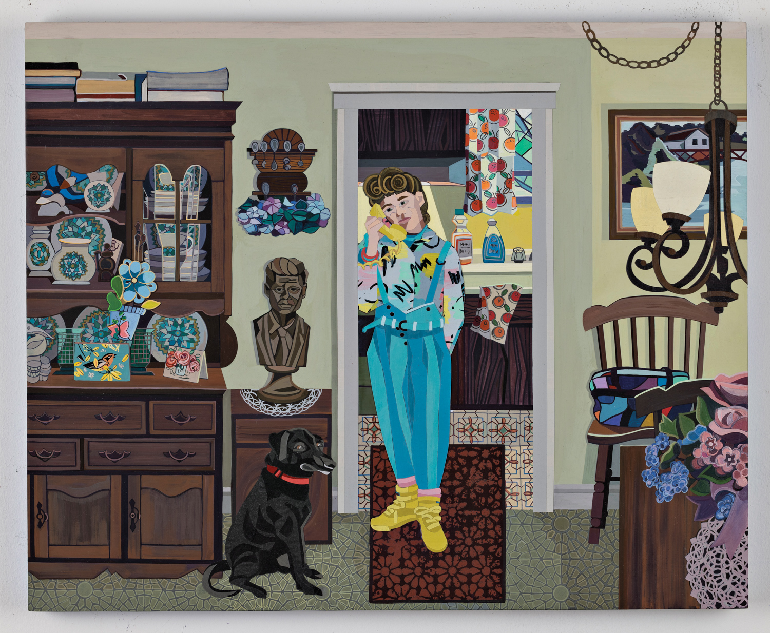 Anne Toebbe painted collage depicting a woman answering the phone inside her home