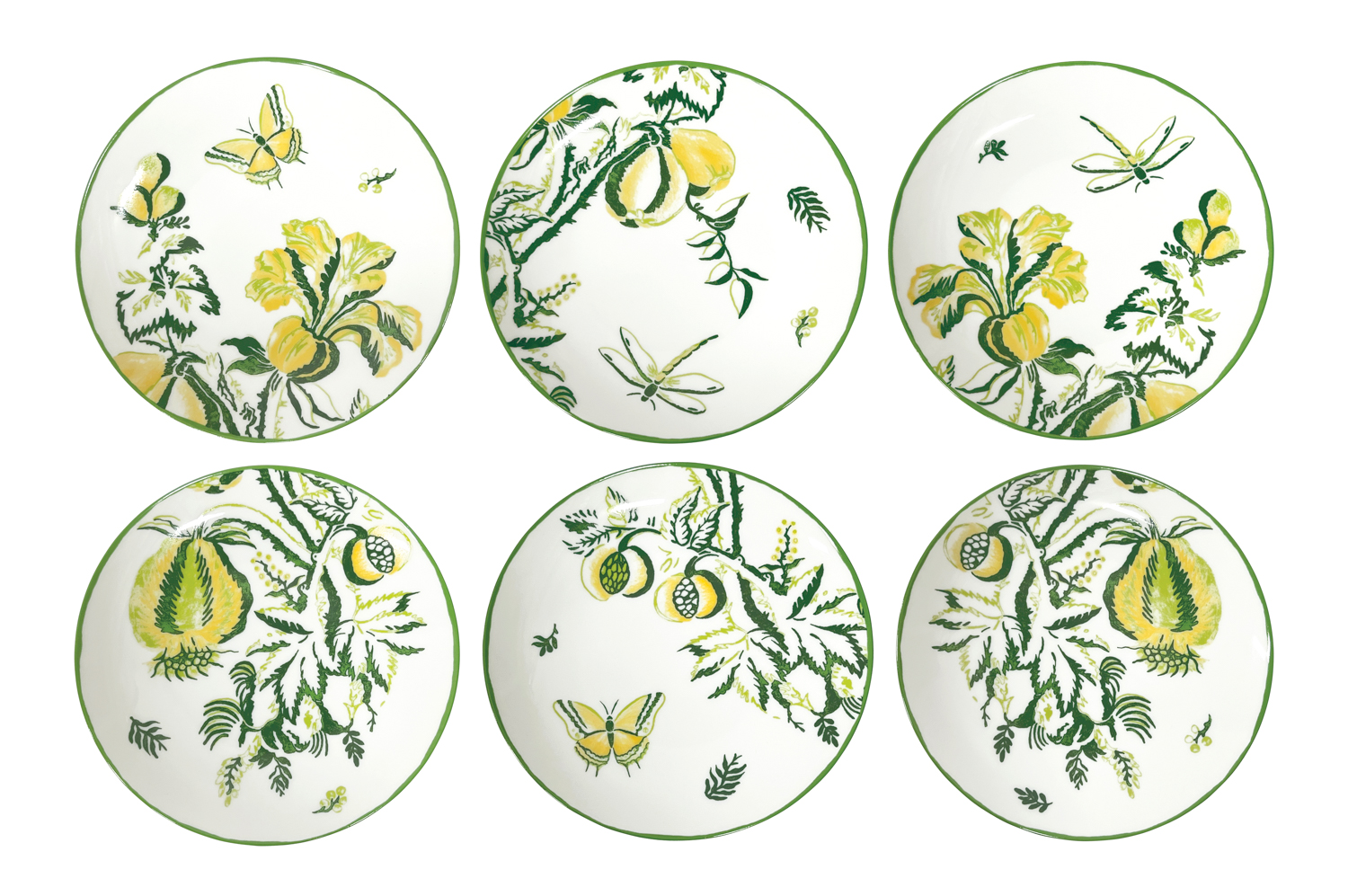Dessert plates with green-and-yellow floral designs with butterflies and dragonflies from Casa Branca