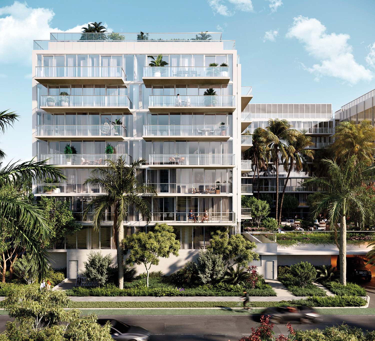 Exterior of The Well Bay Harbor Islands residence building with floor-to-ceiling windows and private balconies