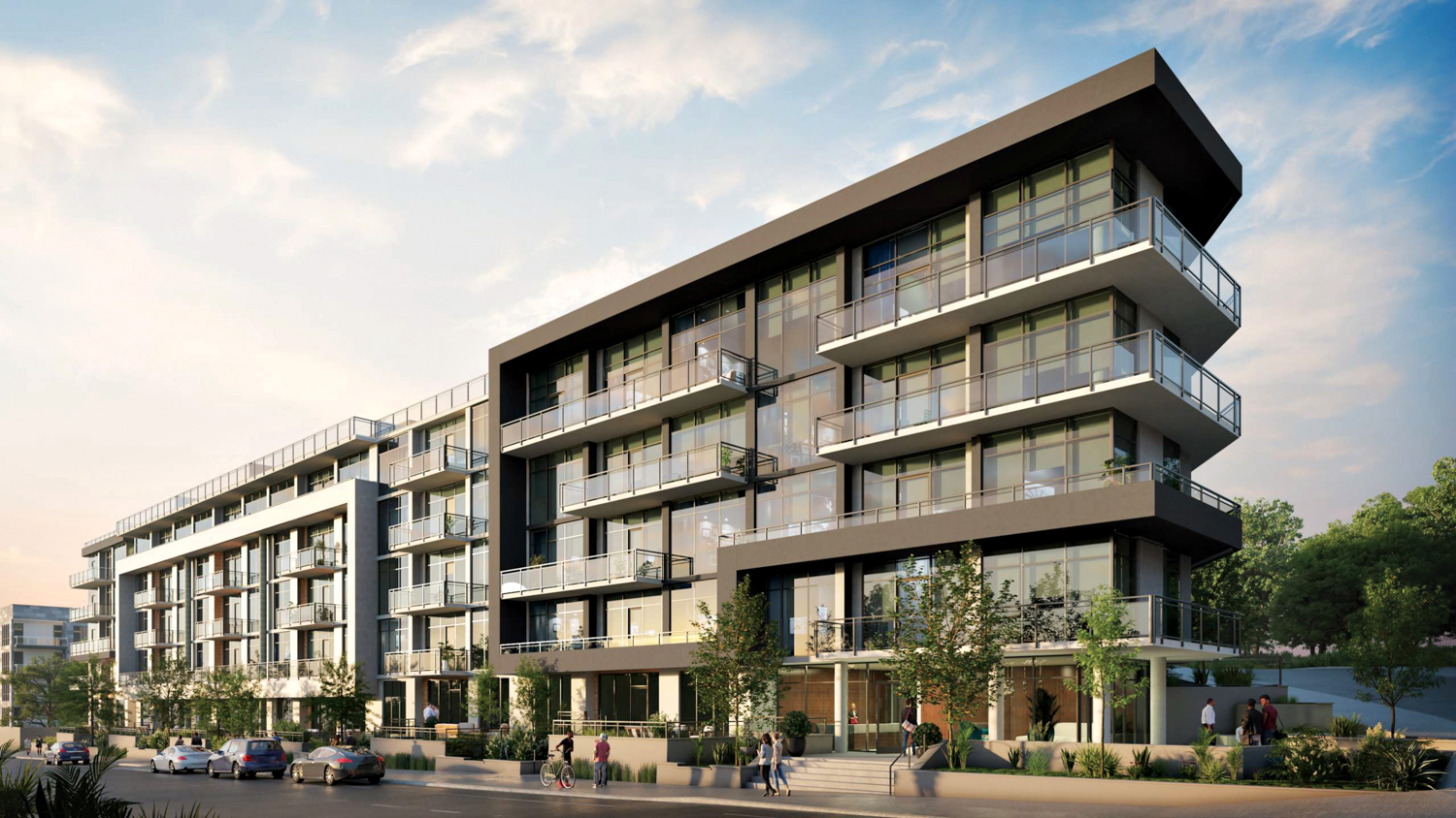 Exterior rendering of five-floor residential building Athena at the Park with private balconies