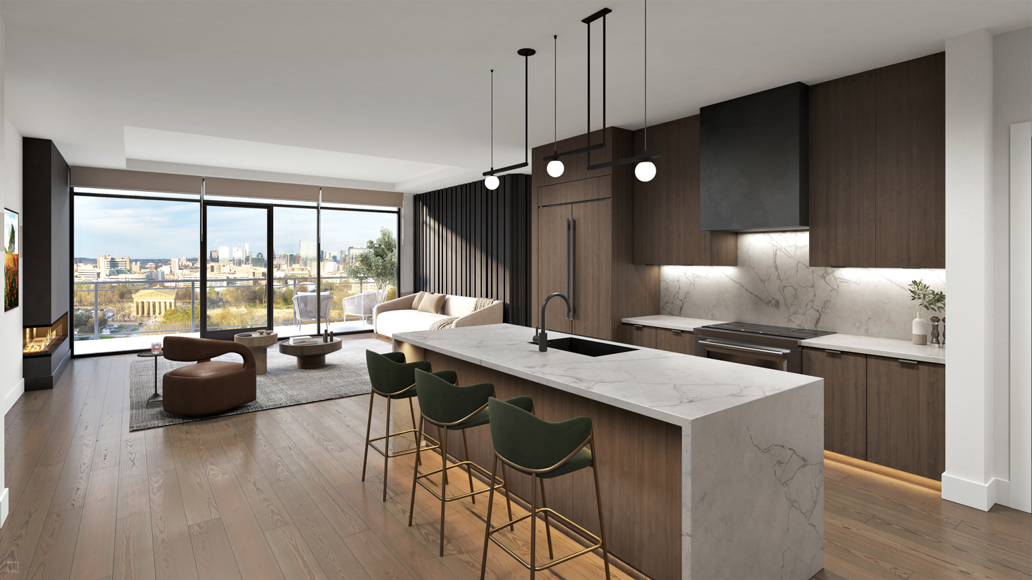 Rendering of open-concept kitchen and living area with floor-to-ceiling windows that open to a private balcony overlooking Nashville