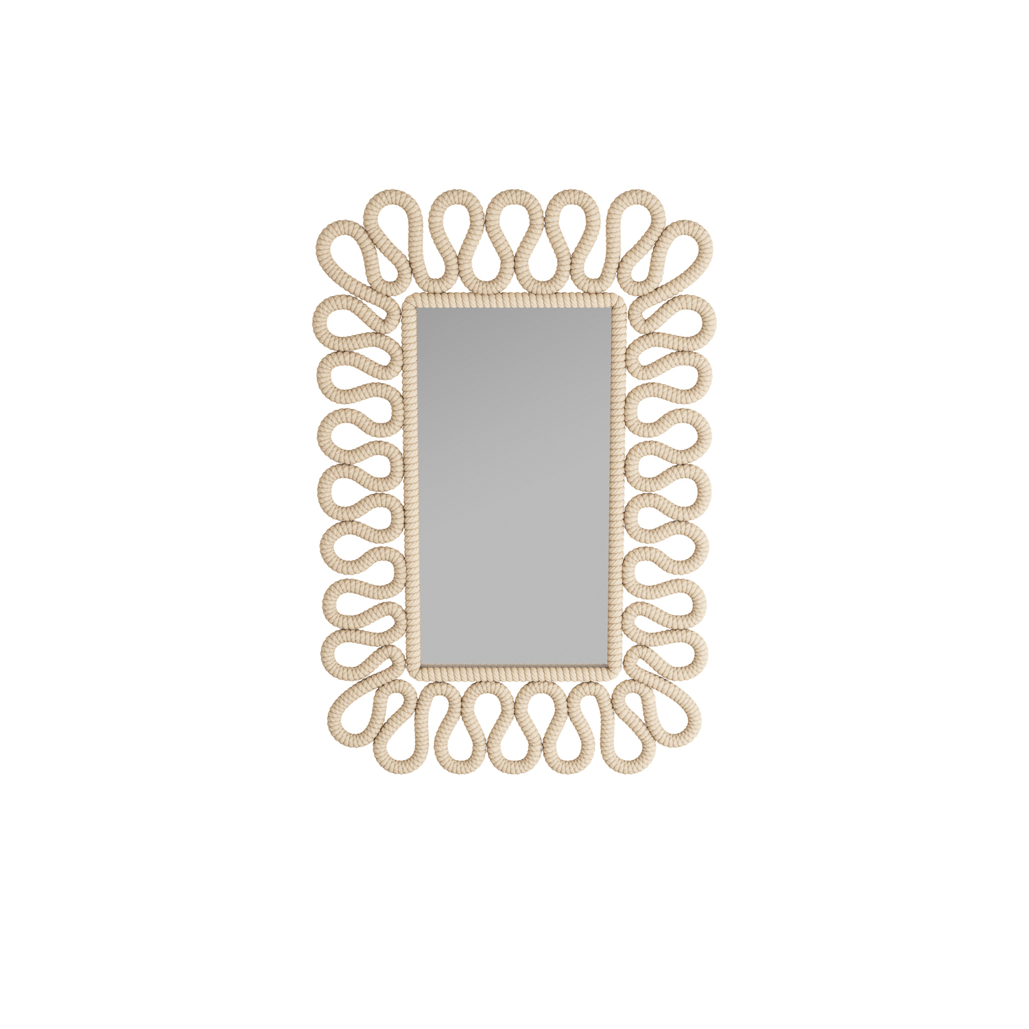 Rectangular mirror with a curvy rattan border that is part of Laura Kirar x Arteriors collab