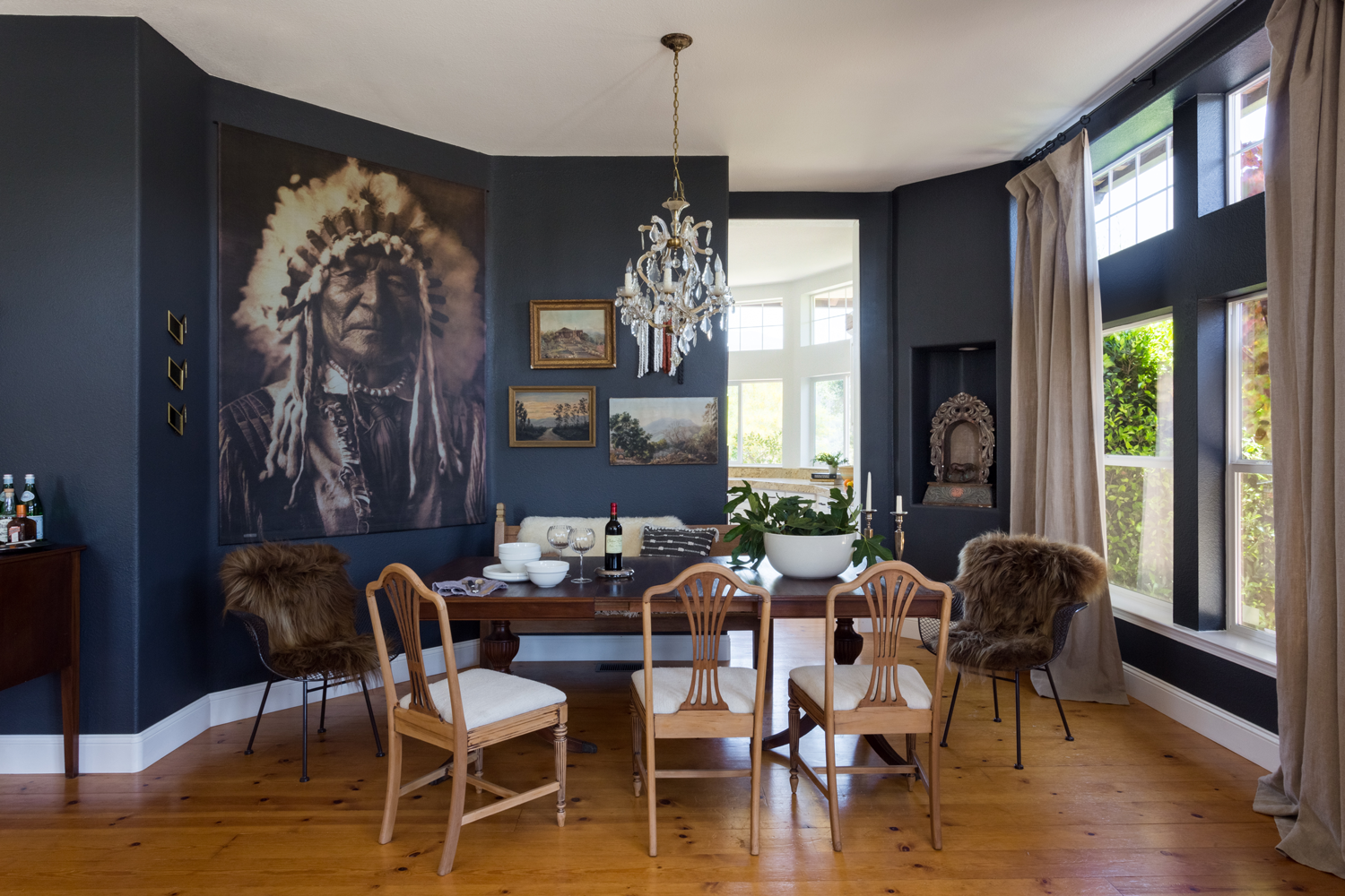 blue dining room with Native American artwork