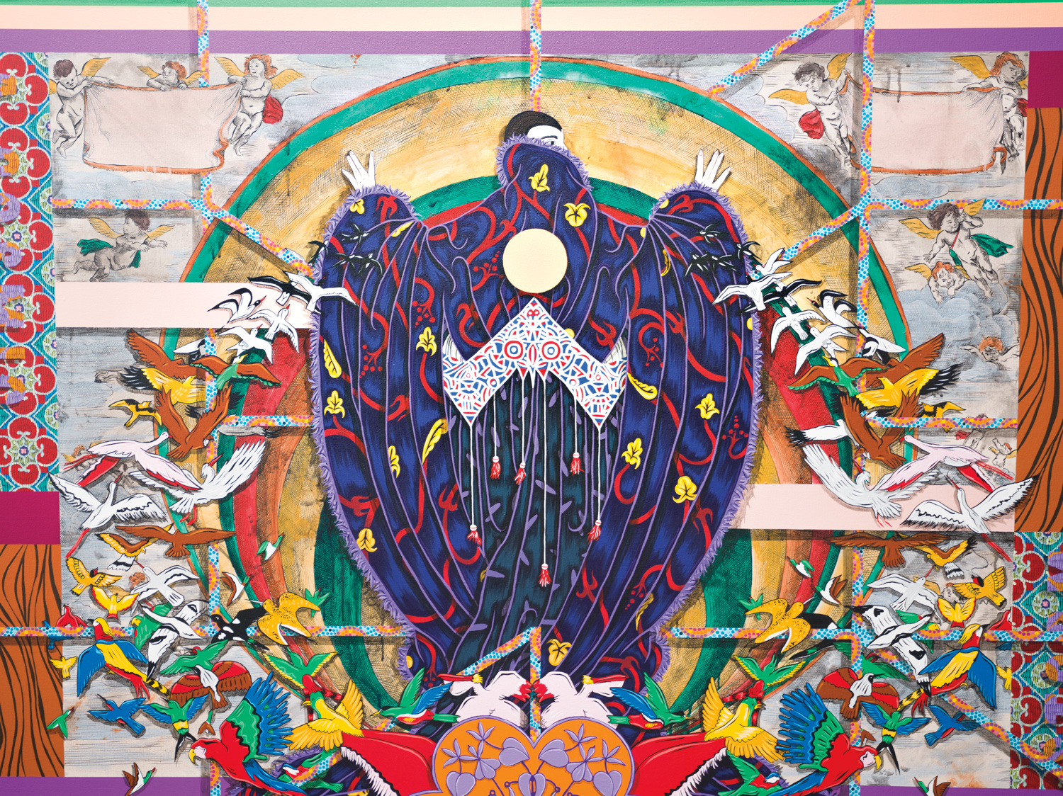 Painting by Amir H. Fallah showing a figure shrouded in a purple robe, surrounded by birds and rings of color