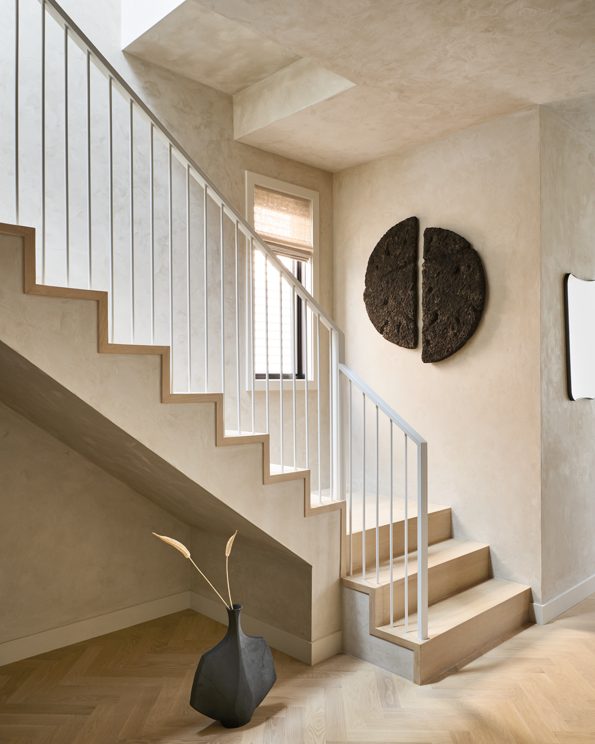 Staircase with white oak floors,...