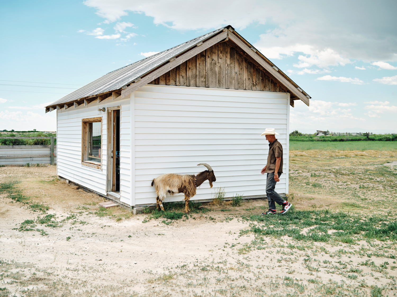 Kristopher Wright standing with goat outside of small white and wood shed on ranch surroundings