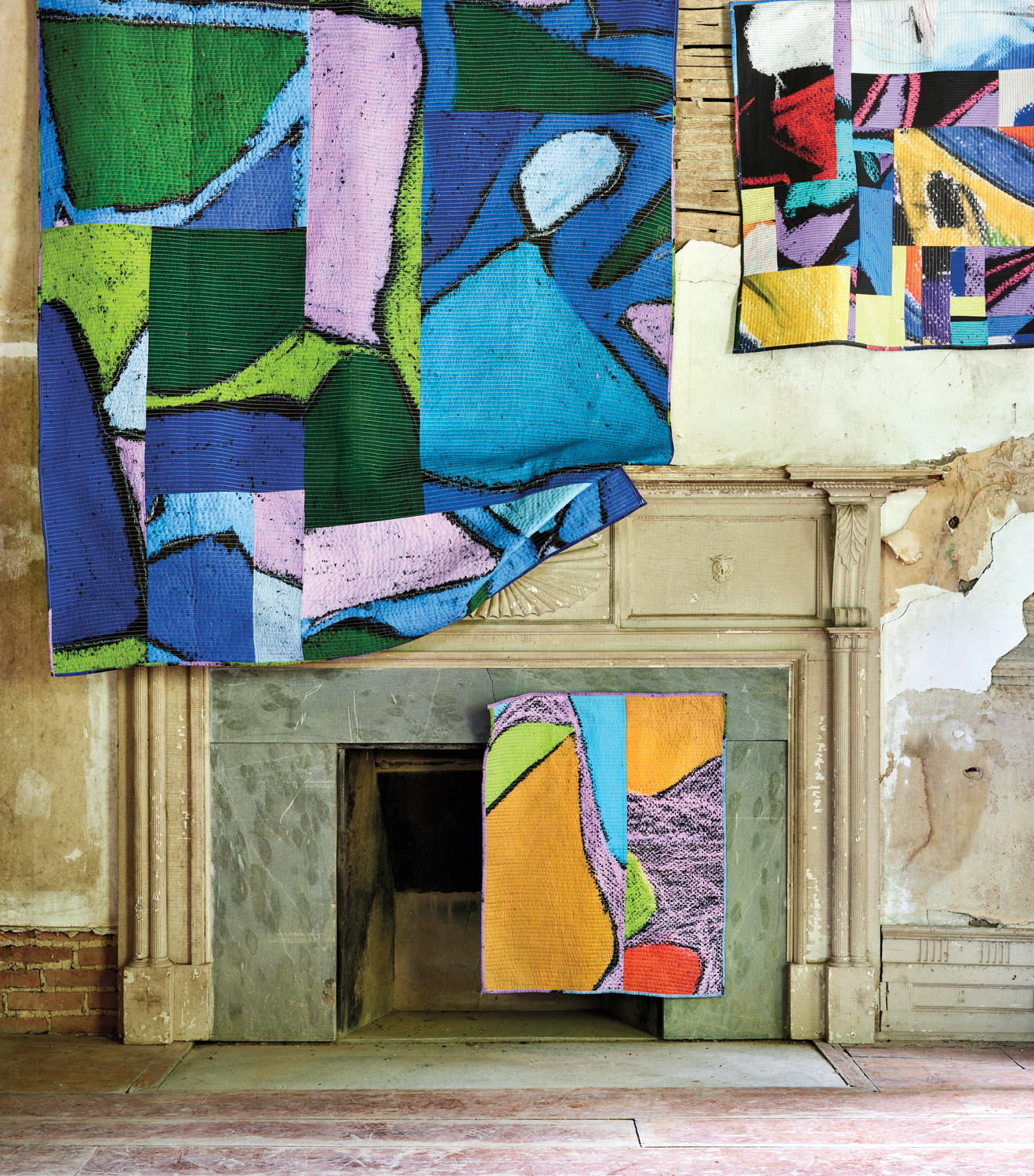 modern quilt maker Julian Jamaal Jones made these three abstract textiles
