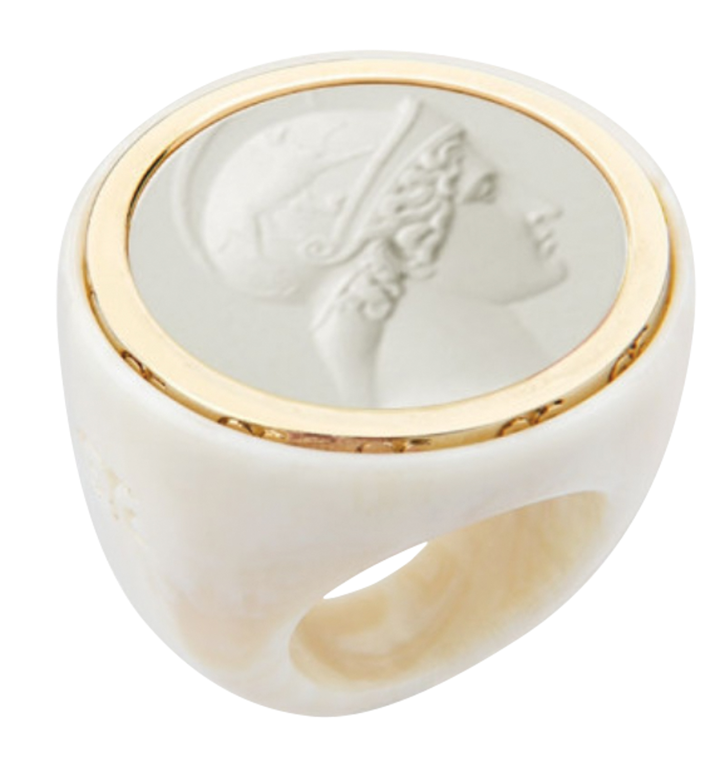 white ring with Roman face encircled in gold