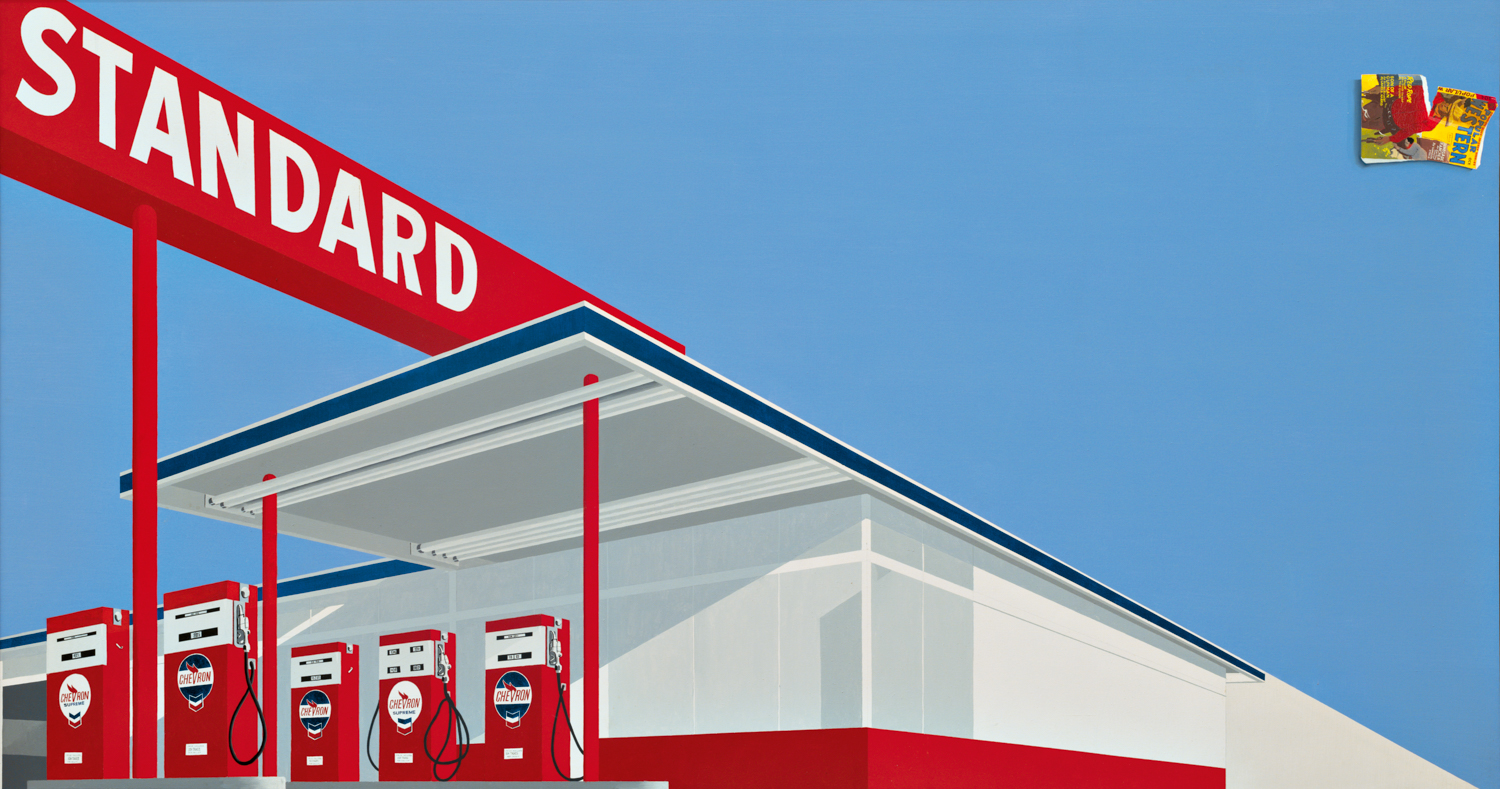 painting of red gas station with big Standard sign by Ed Ruscha