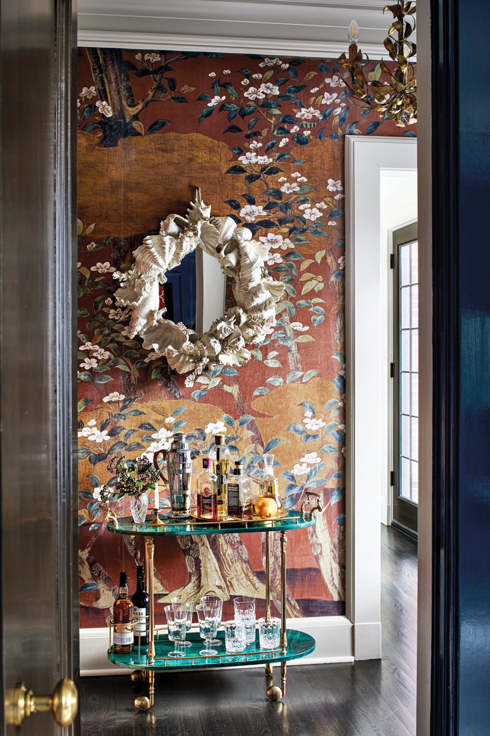 hallway with floral wallpaper, vintage...