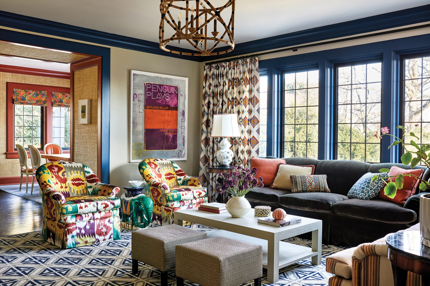 bright patterned family room with...