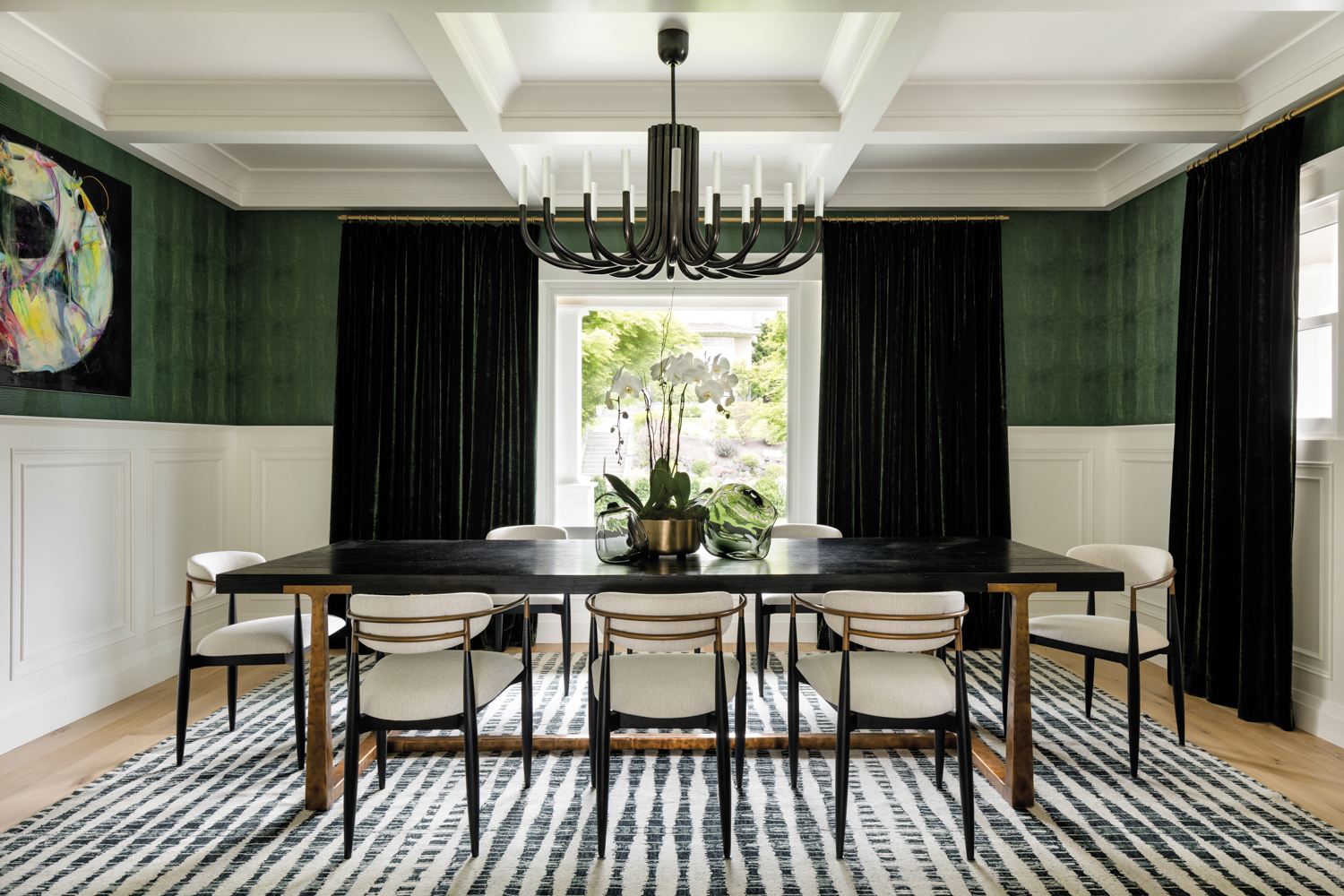 dining room with dramatic green...