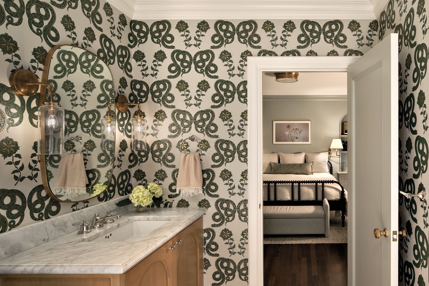 guest bathroom with snake-patterned wallcovering