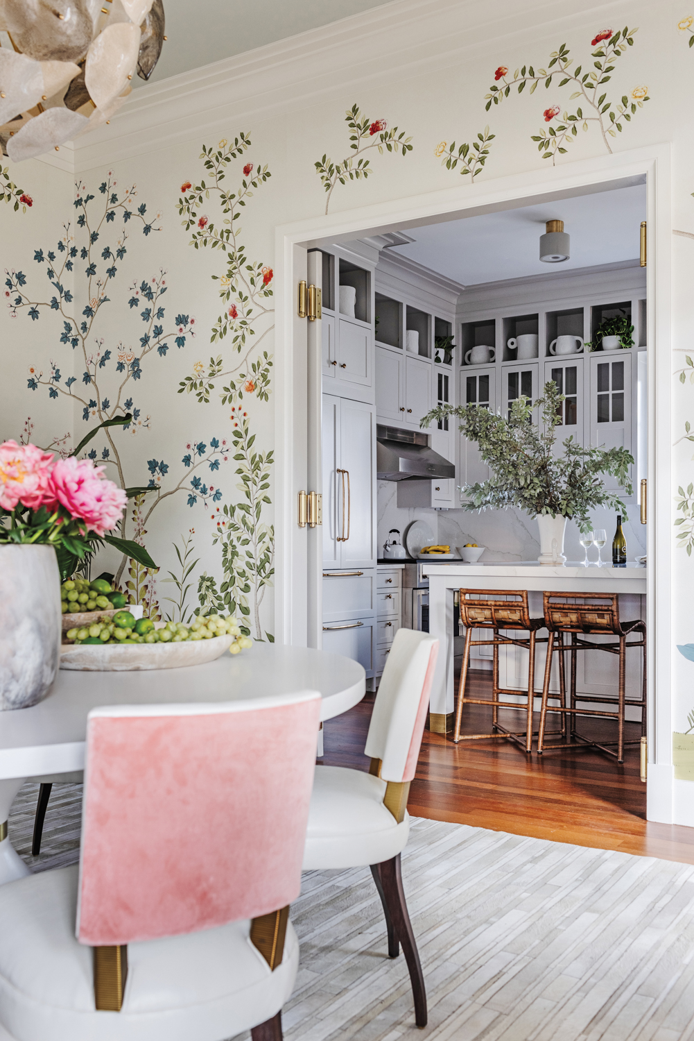 dining room with floral wallcovering...