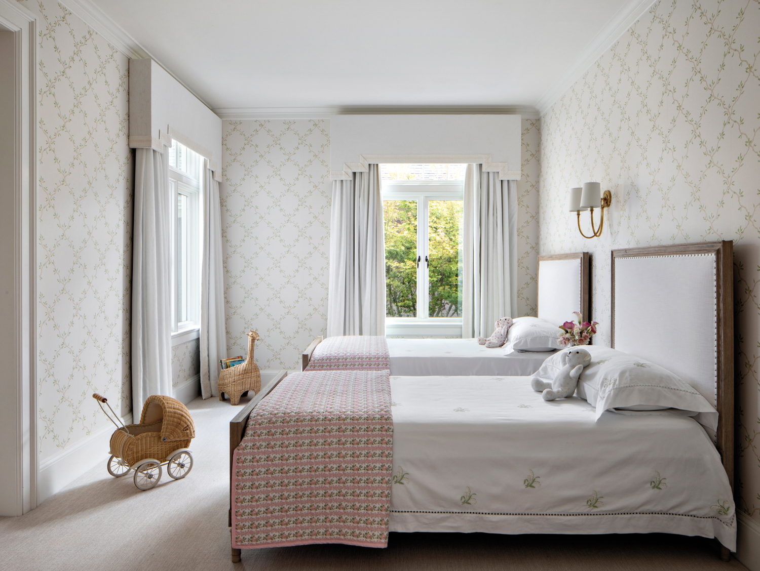 another bedroom with patterned wallpaper...
