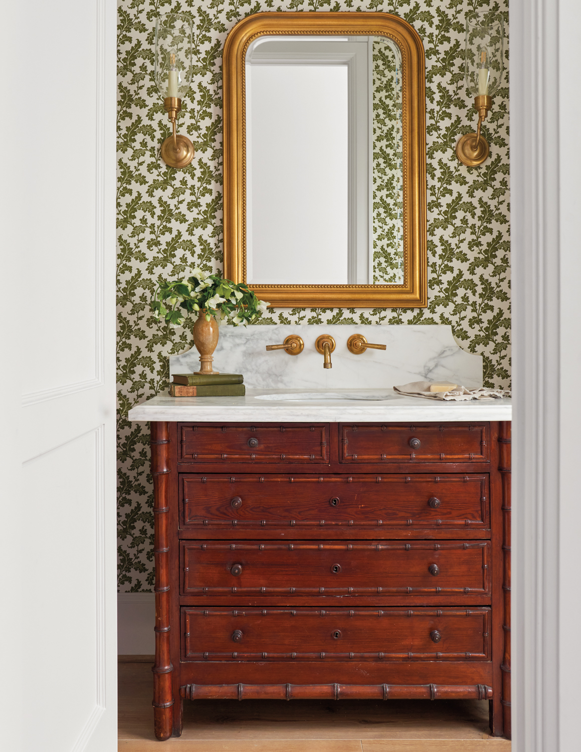 powder bathroom with antique vanity...