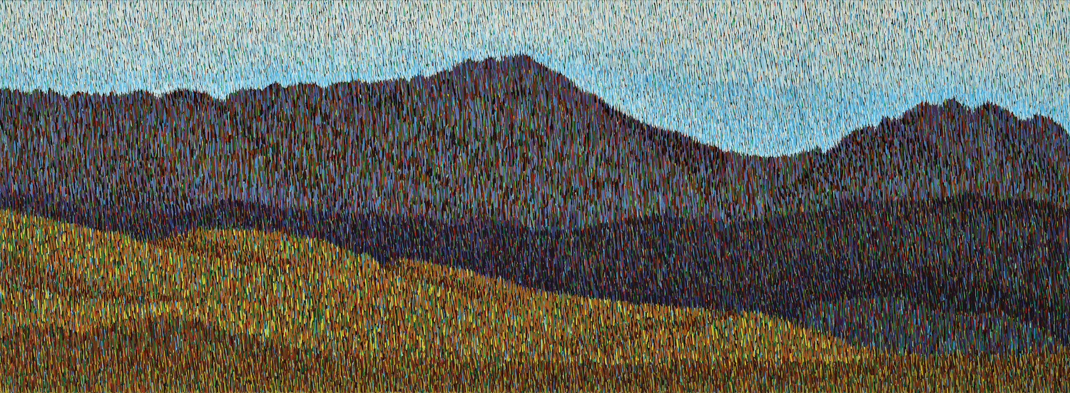 Oil painting depicting a mountainous landscape