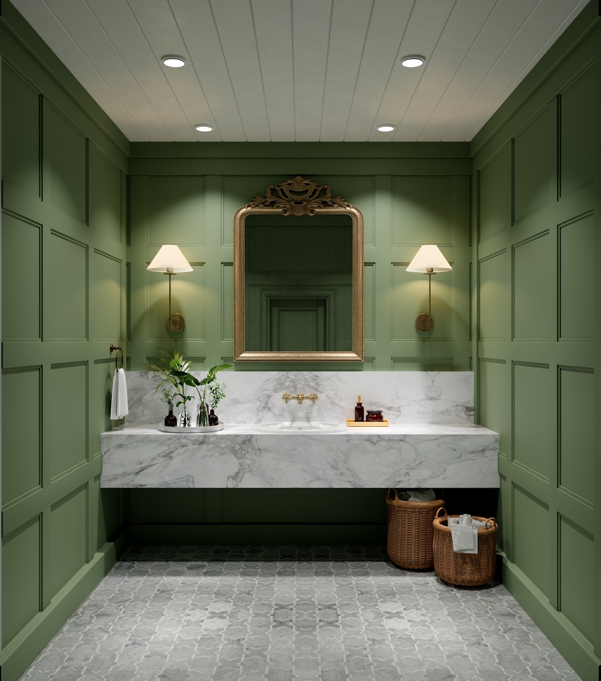 Green wood paneled walls, guest bathroom, marble countertops.