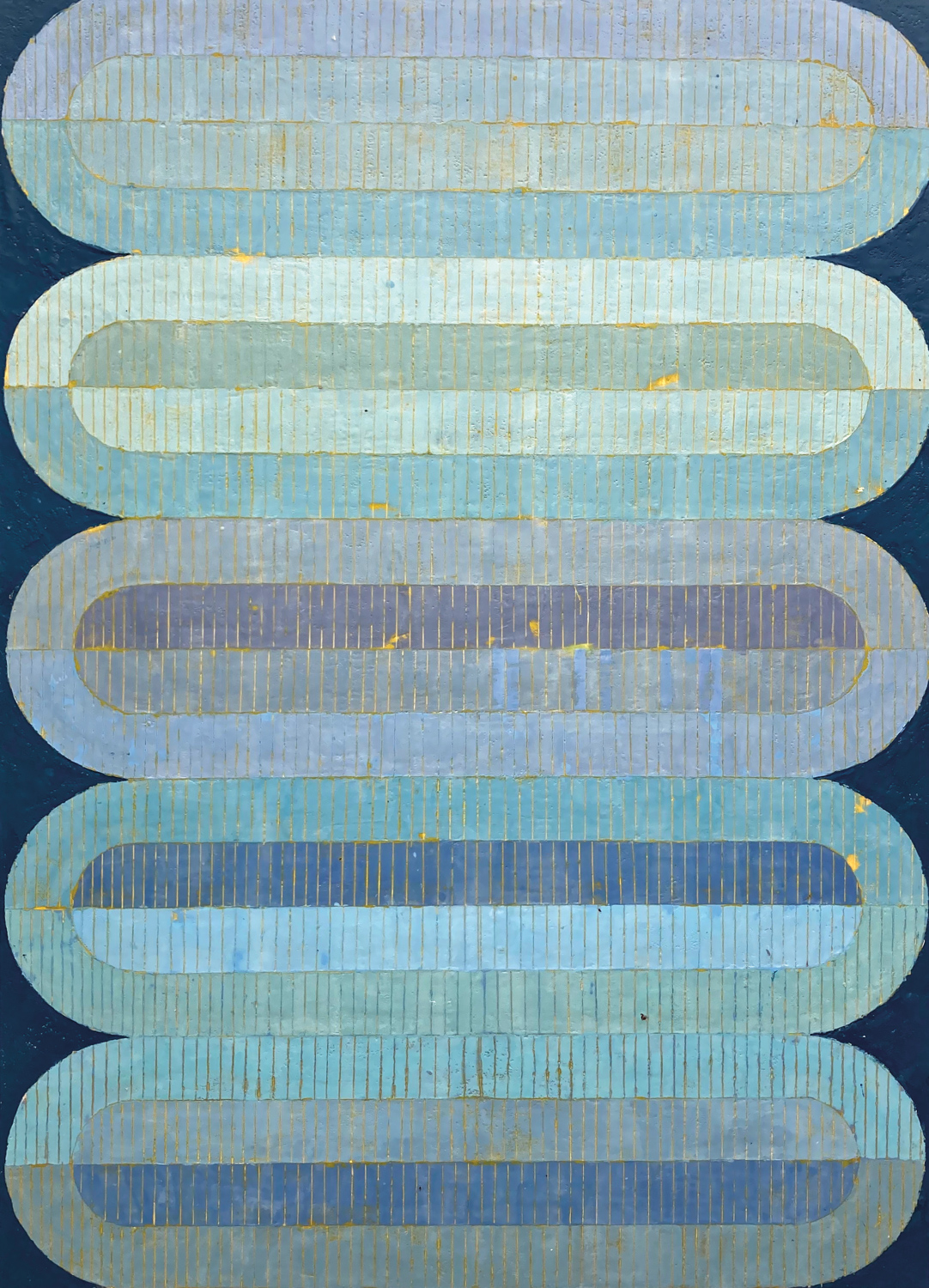Abstract encaustic artwork depicting stacked ovals in shades of blue.