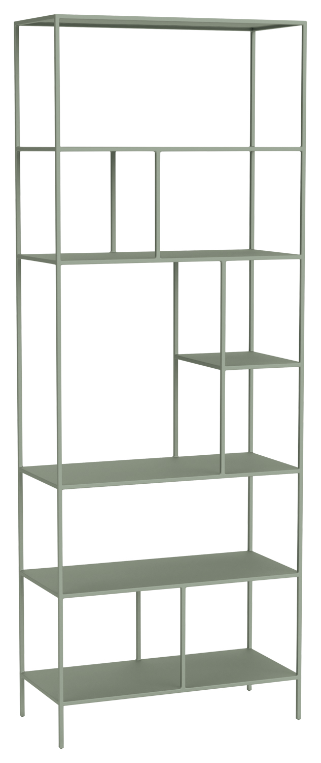 tall green bookcase with multiple shelves