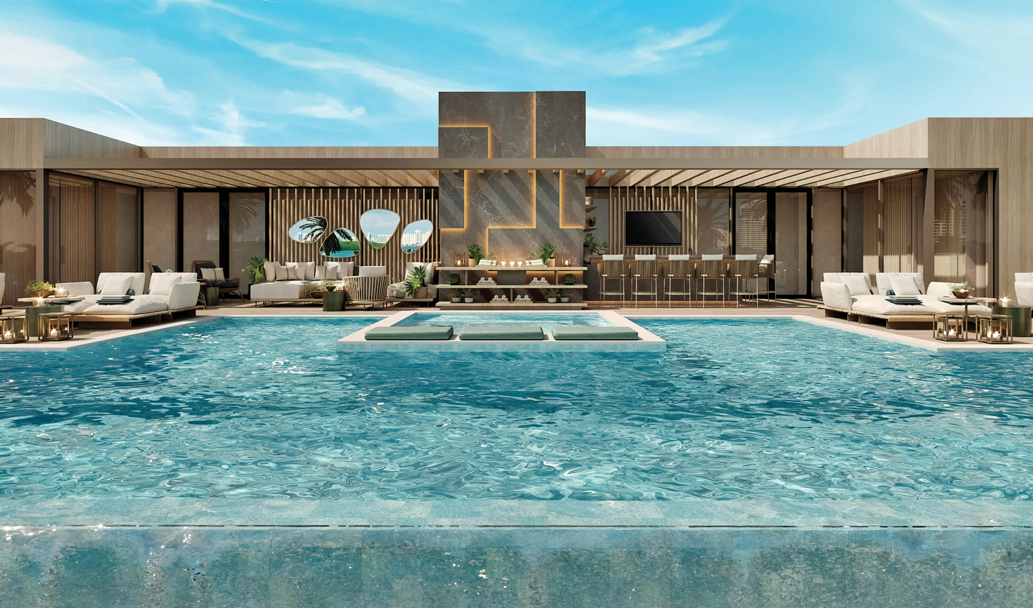 Infinity pool with seating arrangements and a bar lining one poolside