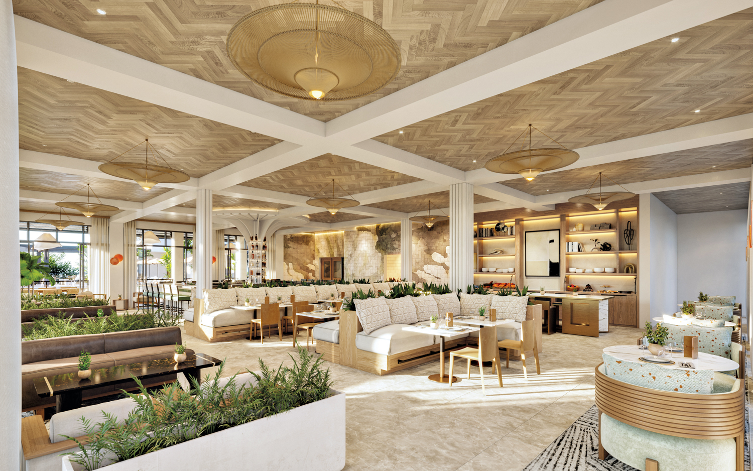 AC Hotel Naples 5th Avenue lobby with an earthy palette and a wood ceiling in a herringbone pattern