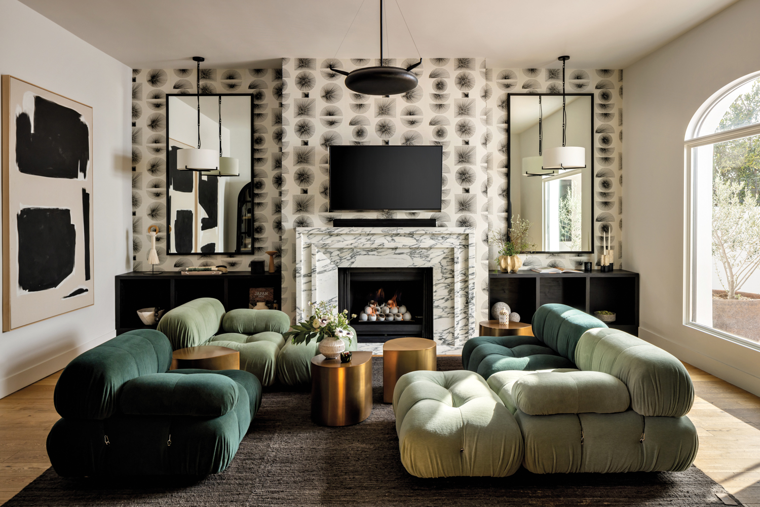 Living room with geometric wallcovering,...