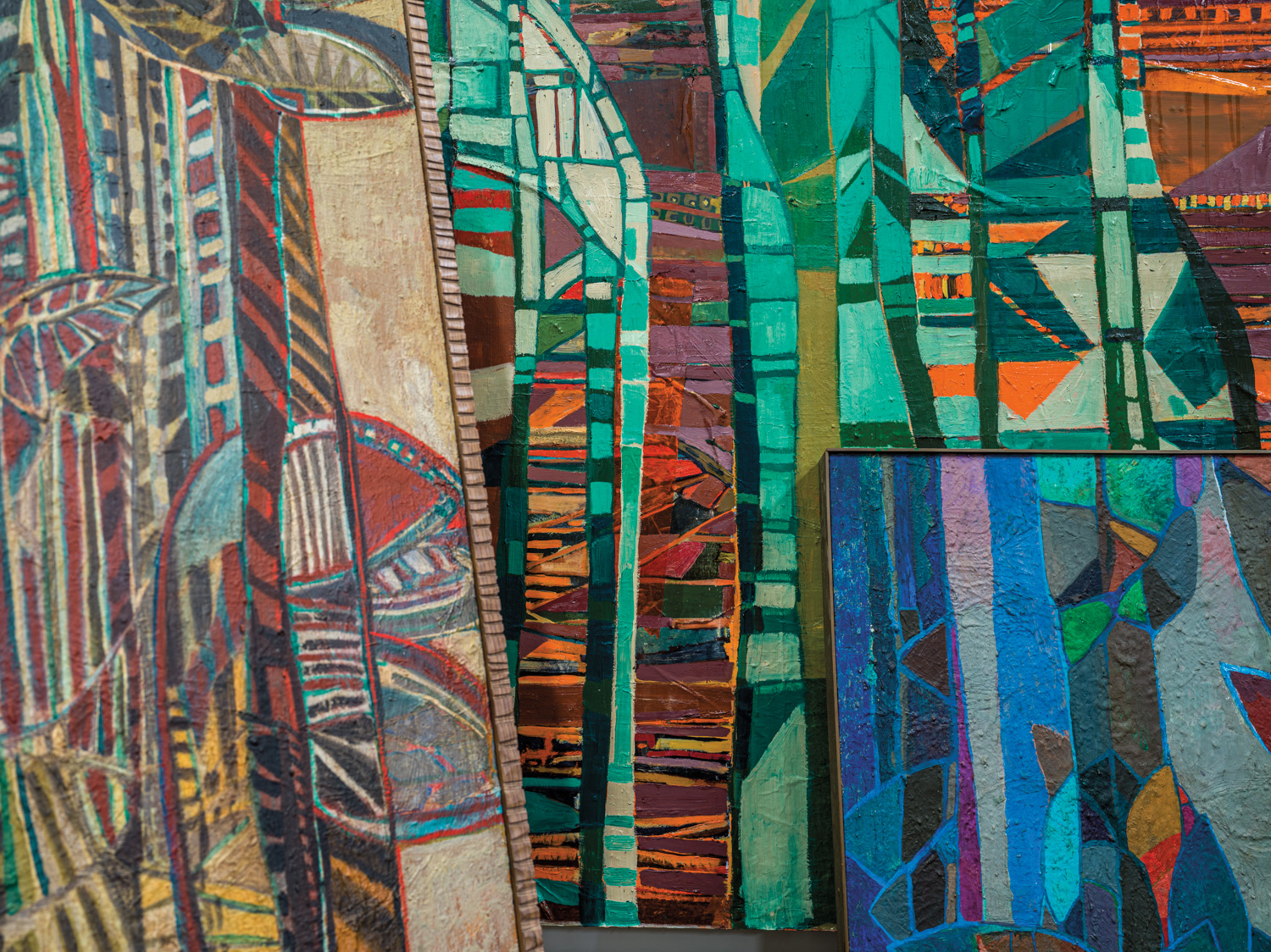 Details of encaustic multimedia artwork showing layers of color and pattern