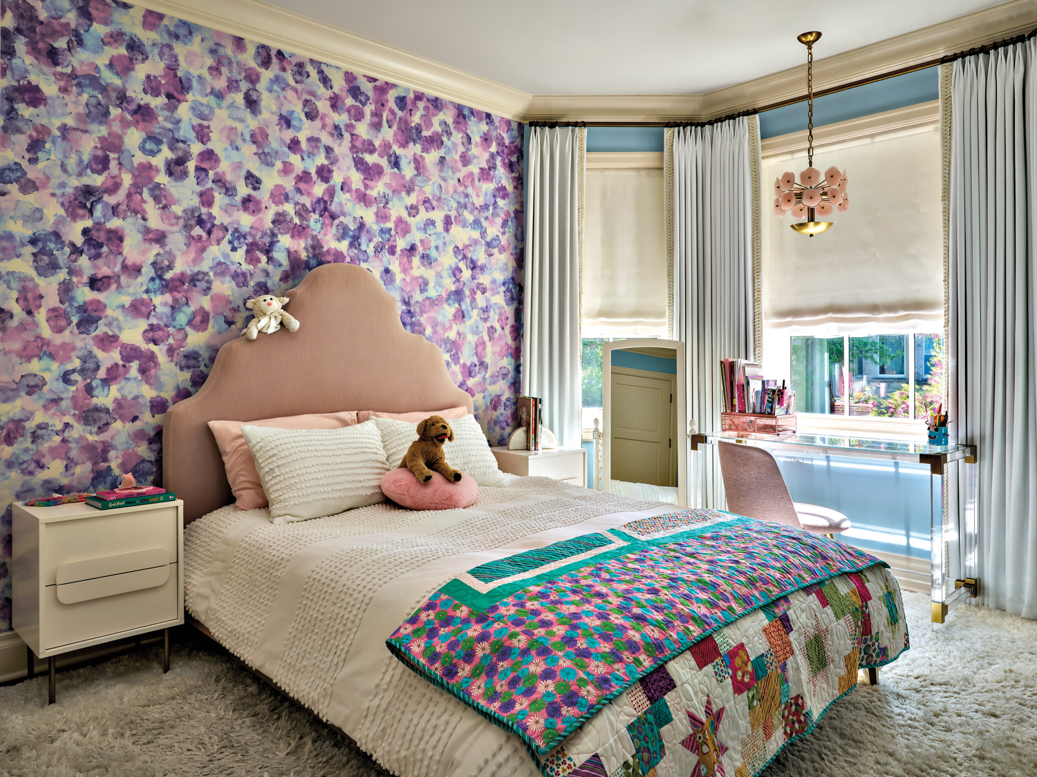 Child's bedroom with purple floral...